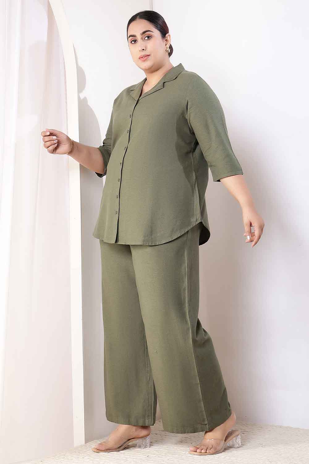 Plus Size Olive Green Cotton Linen Shirt Coord Set for Women