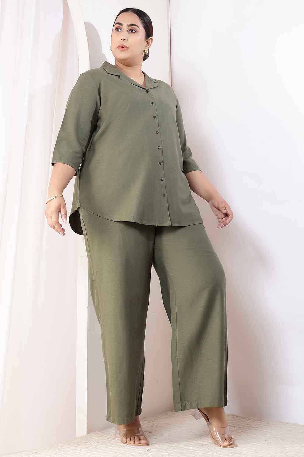 Plus Size Plus Size Olive Green Cotton Linen Shirt Coord Set