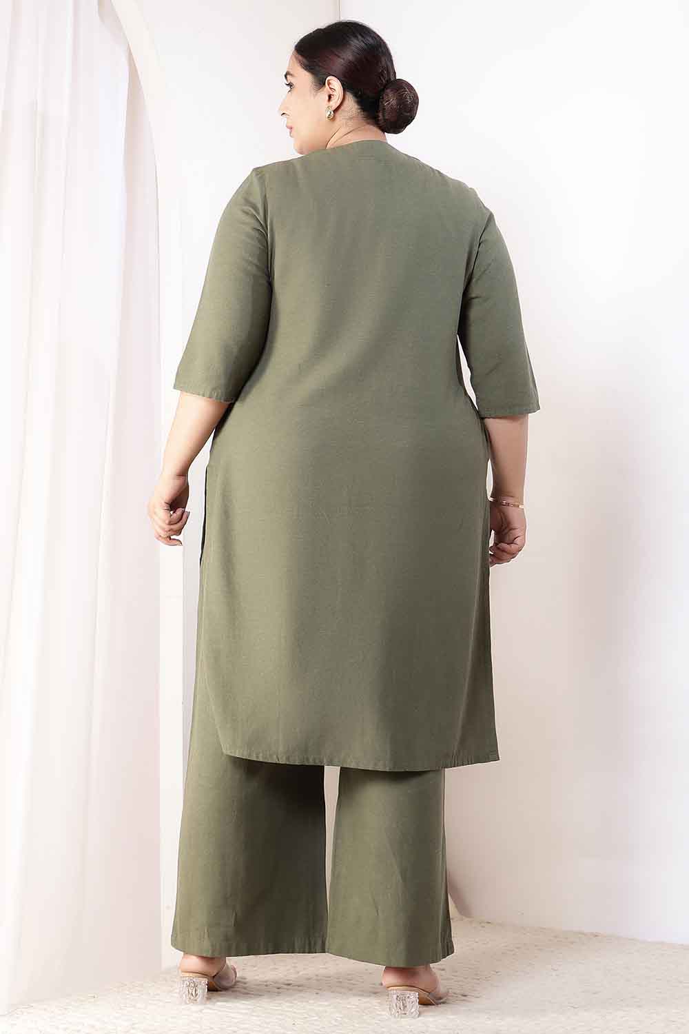 Plus Size Olive Green Cotton Linen Kurta Coord Set for Women