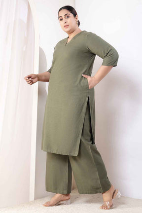 Plus Size Olive Green Cotton Linen Kurta Coord Set
