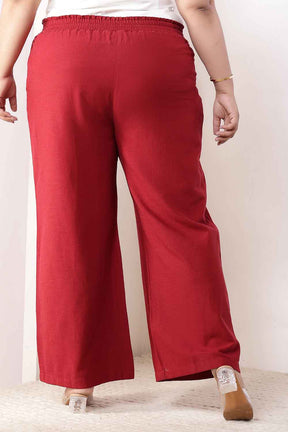 Plus Size Maroon Cotton Linen High Waist Pants