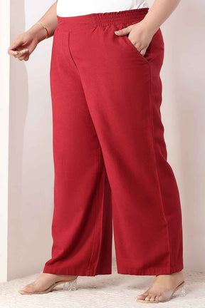 Plus Size Maroon Cotton Linen High Waist Pants