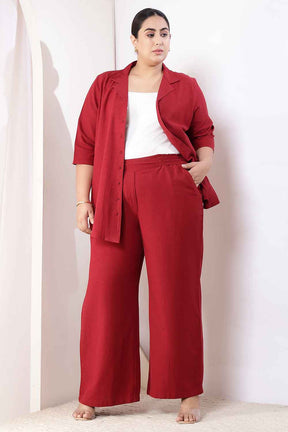 Plus Size Maroon Cotton Linen High Waist Pants