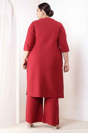 Plus Size Maroon Cotton Linen Kurta Coord Set