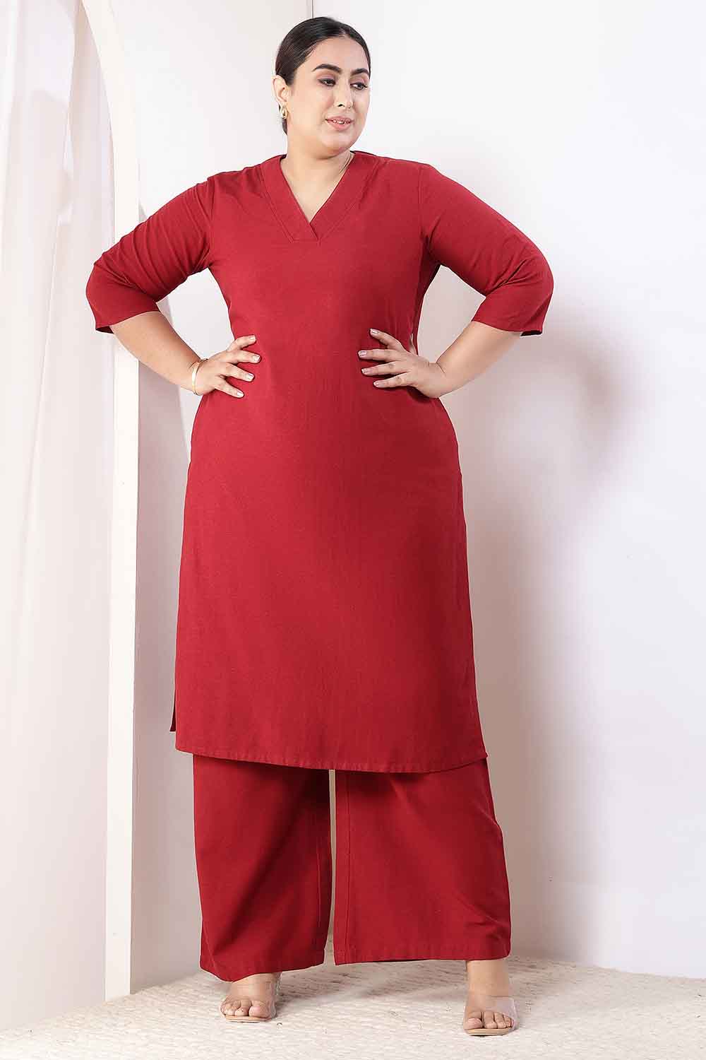 Plus Size Plus Size Maroon Cotton Linen Kurta Coord Set