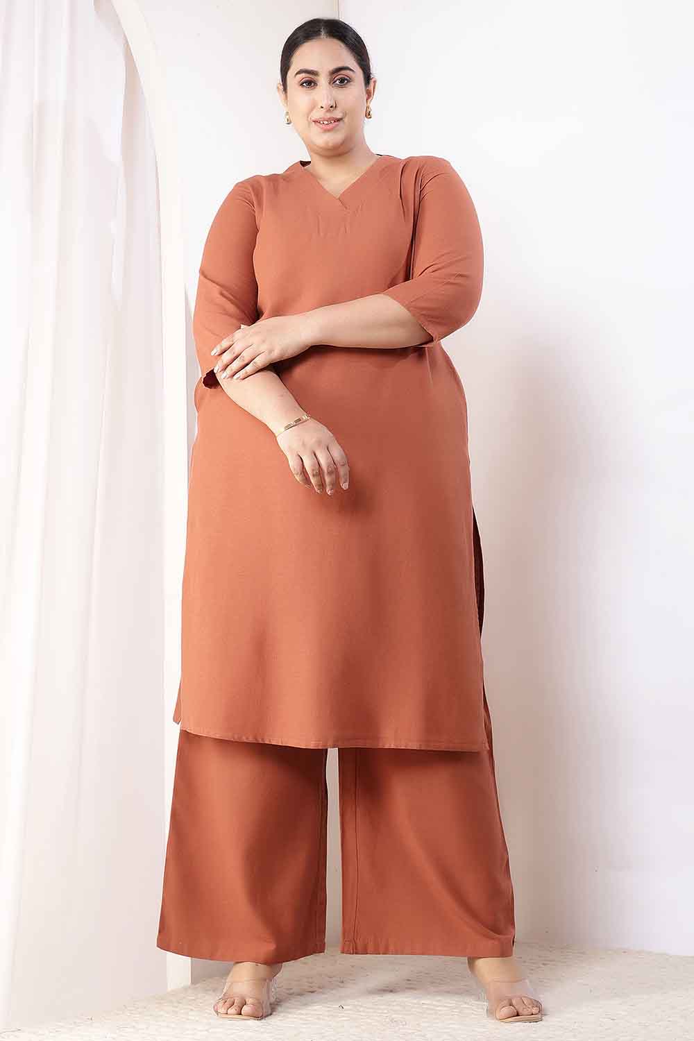 Plus Size Plus Size  Mocha Brown Cotton Linen Kurta Coord Set