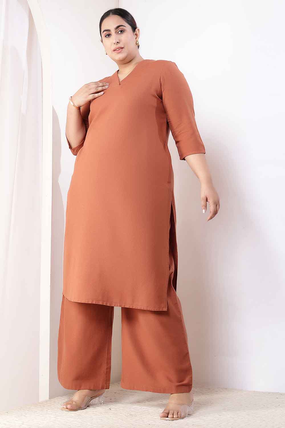 Plus Size  Mocha Brown Cotton Linen Kurta Coord Set for Women