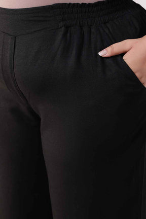 Plus Size Black Cotton Linen High Waist Pants