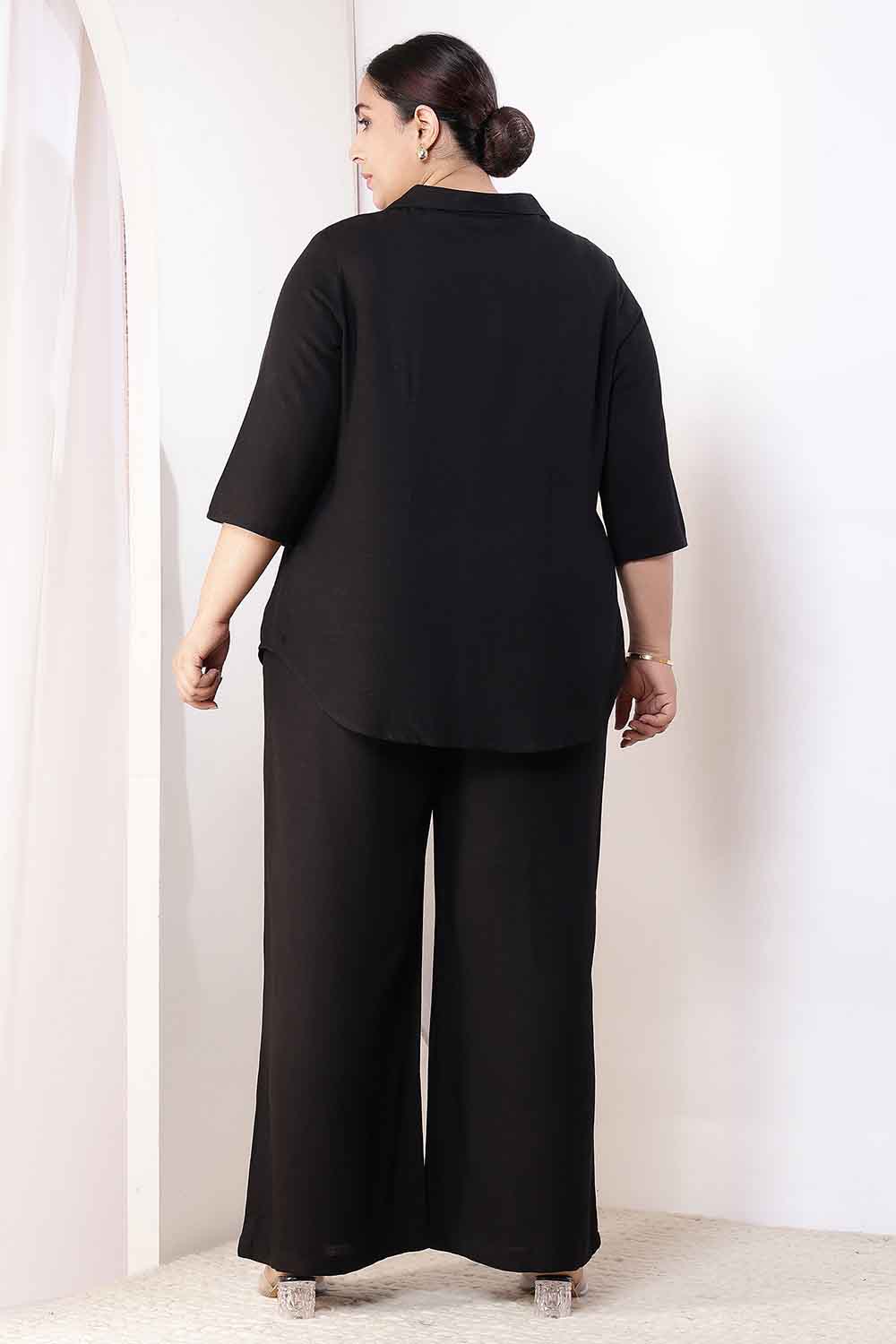 Plus Size Black Cotton Linen Shirt Coord Set