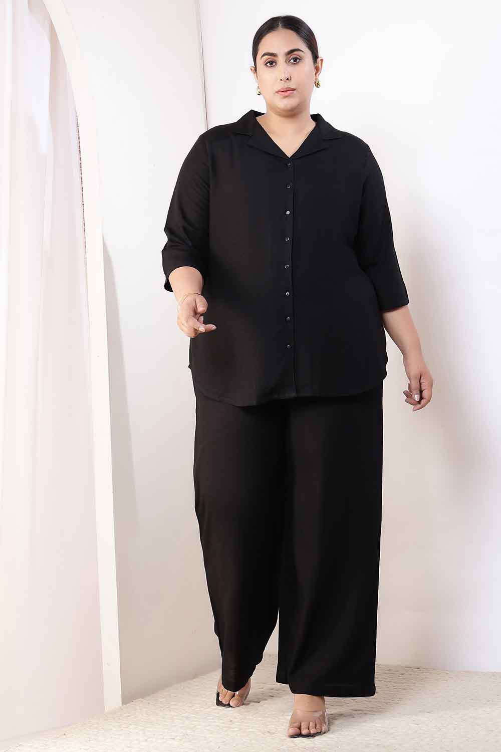 Comfortable Plus Size Black Cotton Linen Shirt Coord Set