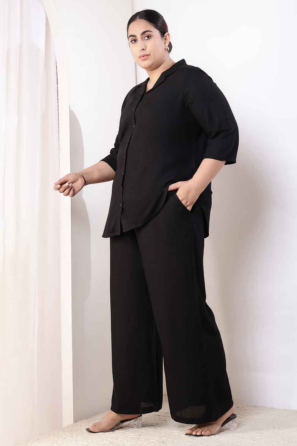 Plus Size Plus Size Black Cotton Linen Shirt Coord Set