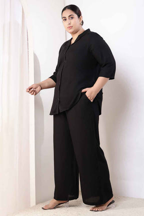 Plus Size Black Cotton Linen Shirt Coord Set