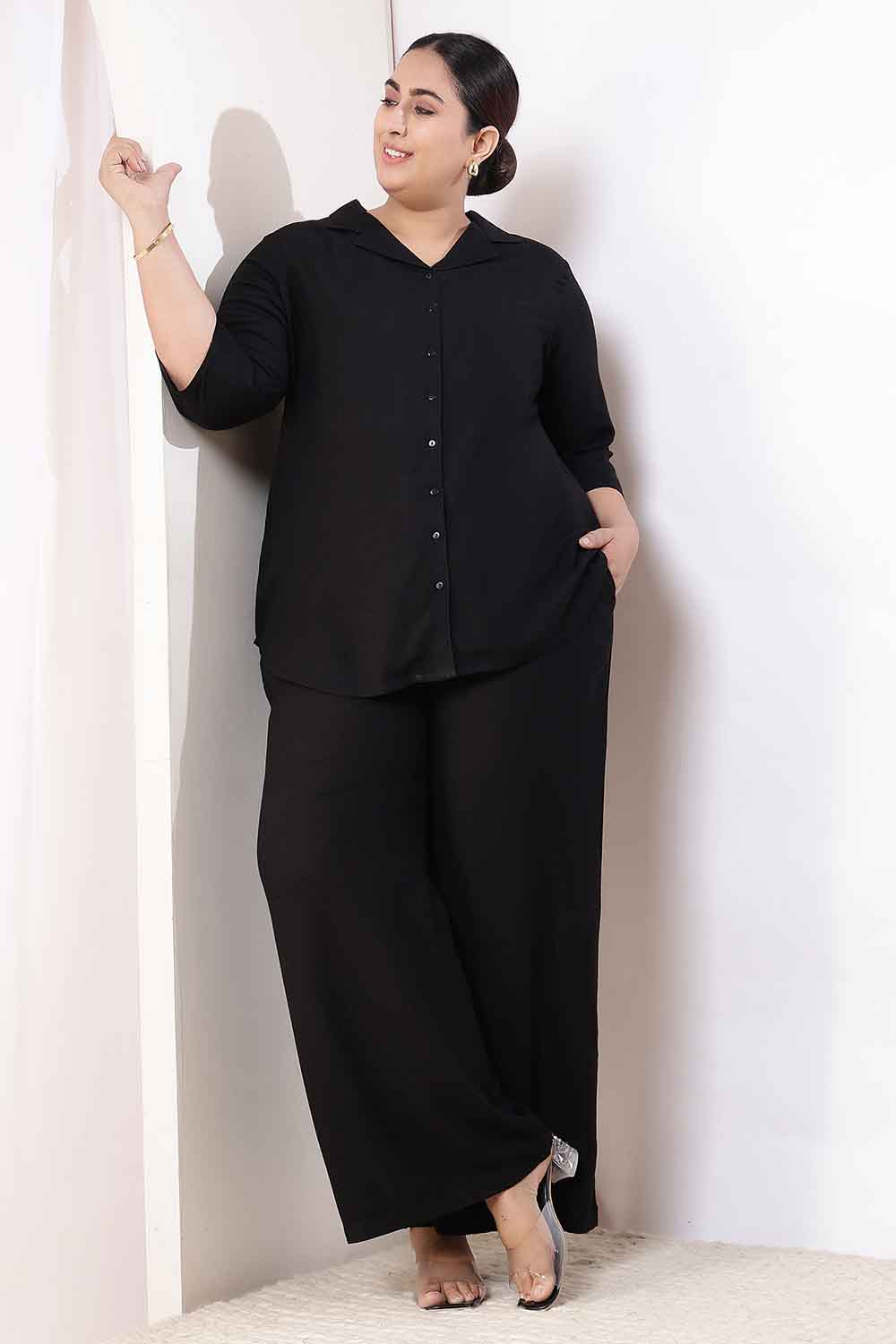 Plus Size Black Cotton Linen Shirt Coord Set for Women