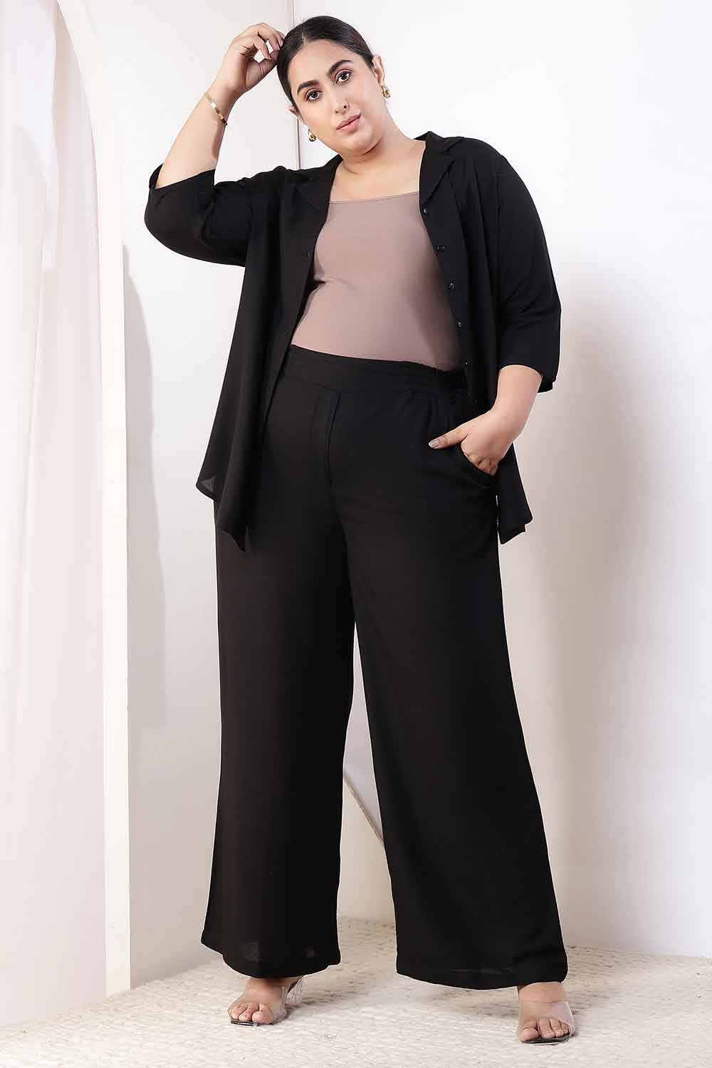 Plus Size Black Cotton Linen Shirt Coord Set