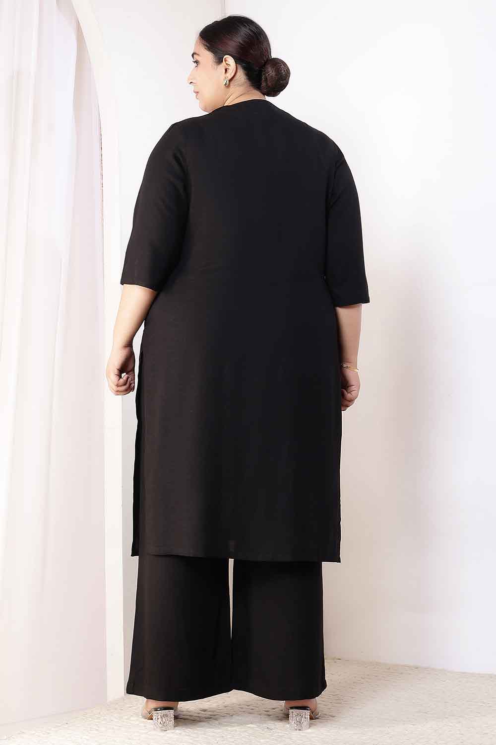 Plus Size Plus Size Black Cotton Linen Kurta Coord Set