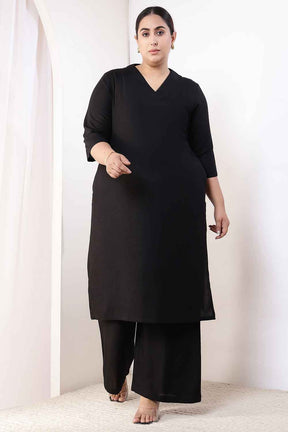 Plus Size Black Cotton Linen Kurta Coord Set