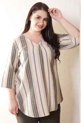 Plus Size Beige & Grey Striped V-Neck Cotton Top