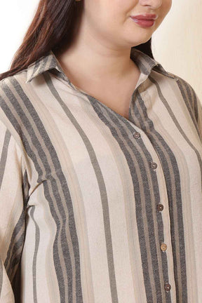 Plus Size Beige & Grey Striped High Slit Styled Cuff Cotton Shirt