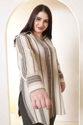 Plus Size Beige & Grey Striped High Slit Styled Cuff Cotton Shirt