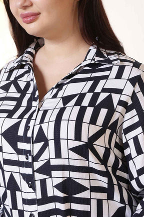 Plus Size Black & White Geometric Print High Slit Styled Cuff Cotton Shirt