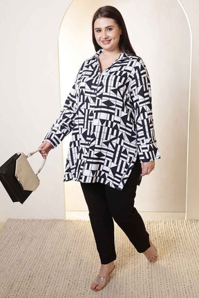 Plus Size Black & White Geometric Print High Slit Styled Cuff Cotton Shirt