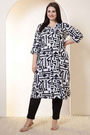 Plus Size Black & White Geometric Print V Neck Kurta