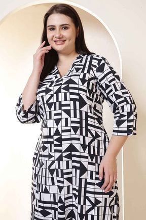 Plus Size Black & White Geometric Print V Neck Kurta