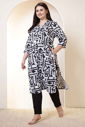 Plus Size Black & White Geometric Print V Neck Kurta