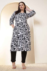 Plus Size Black & White Geometric Print V Neck Kurta
