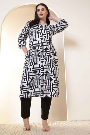 Plus Size Black & White Geometric Print V Neck Kurta