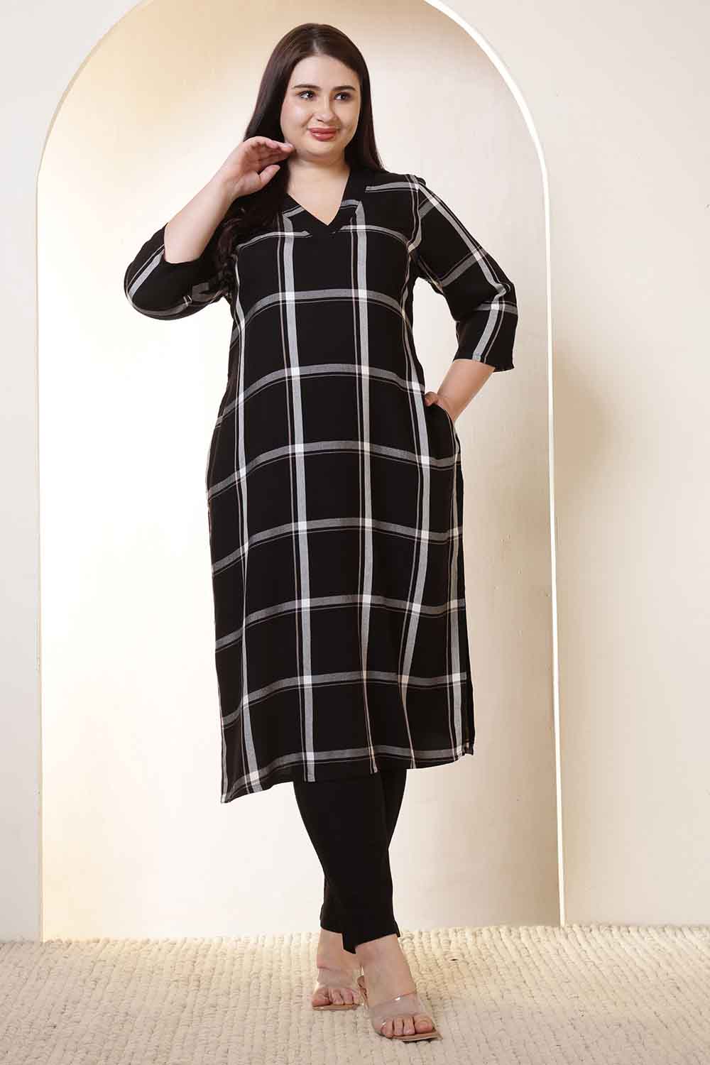 Plus Size Black & White Checkered V-Neck Rayon Twill Kurta