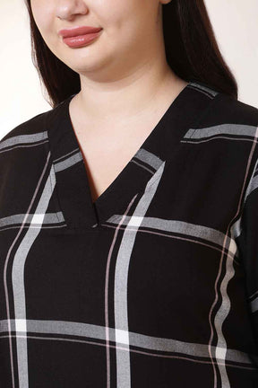 Plus Size Black & White Checkered V-Neck Rayon Twill Kurta