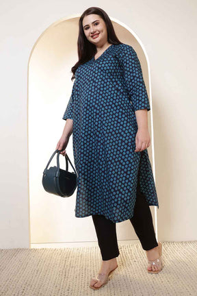 Plus Size Navy & Teal Polka Print V Neck Cotton Kurta