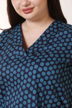 Plus Size Navy & Teal Polka Print V Neck Cotton Kurta