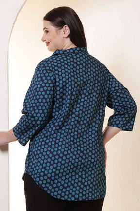 Plus Size Navy & Teal Polka Print Cuban Collar Shirt