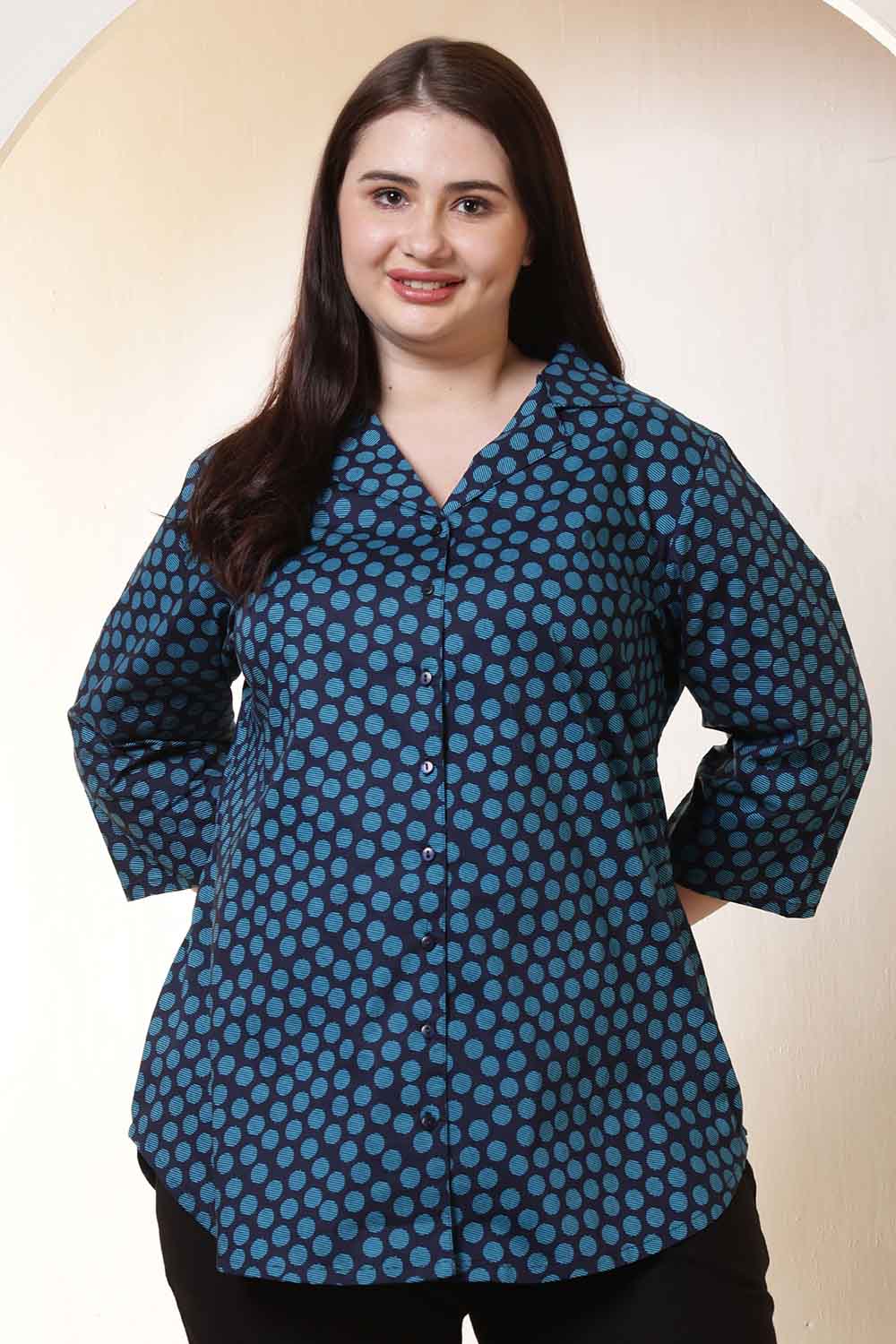 Plus Size Plus Size Navy & Teal Polka Print Cuban Collar Shirt