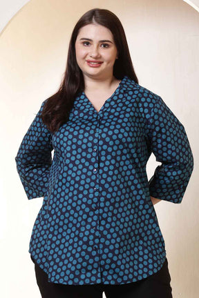 Plus Size Navy & Teal Polka Print Cuban Collar Shirt