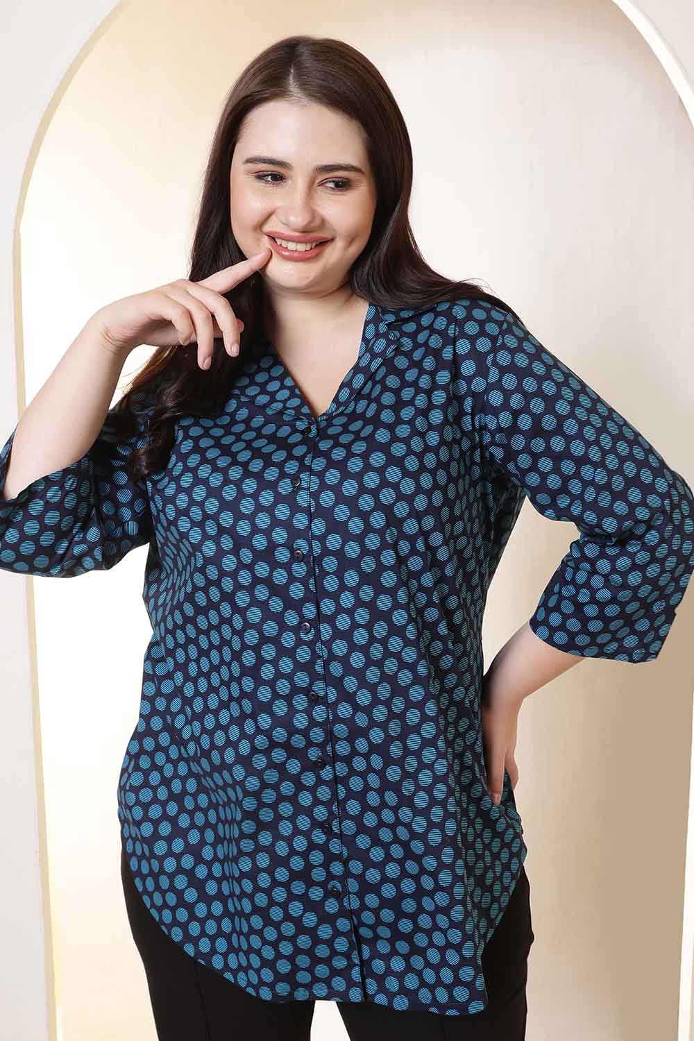 Plus Size Navy & Teal Polka Print Cuban Collar Shirt for Women