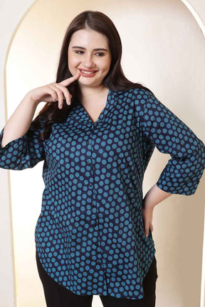 Plus Size Navy & Teal Polka Print Cuban Collar Shirt