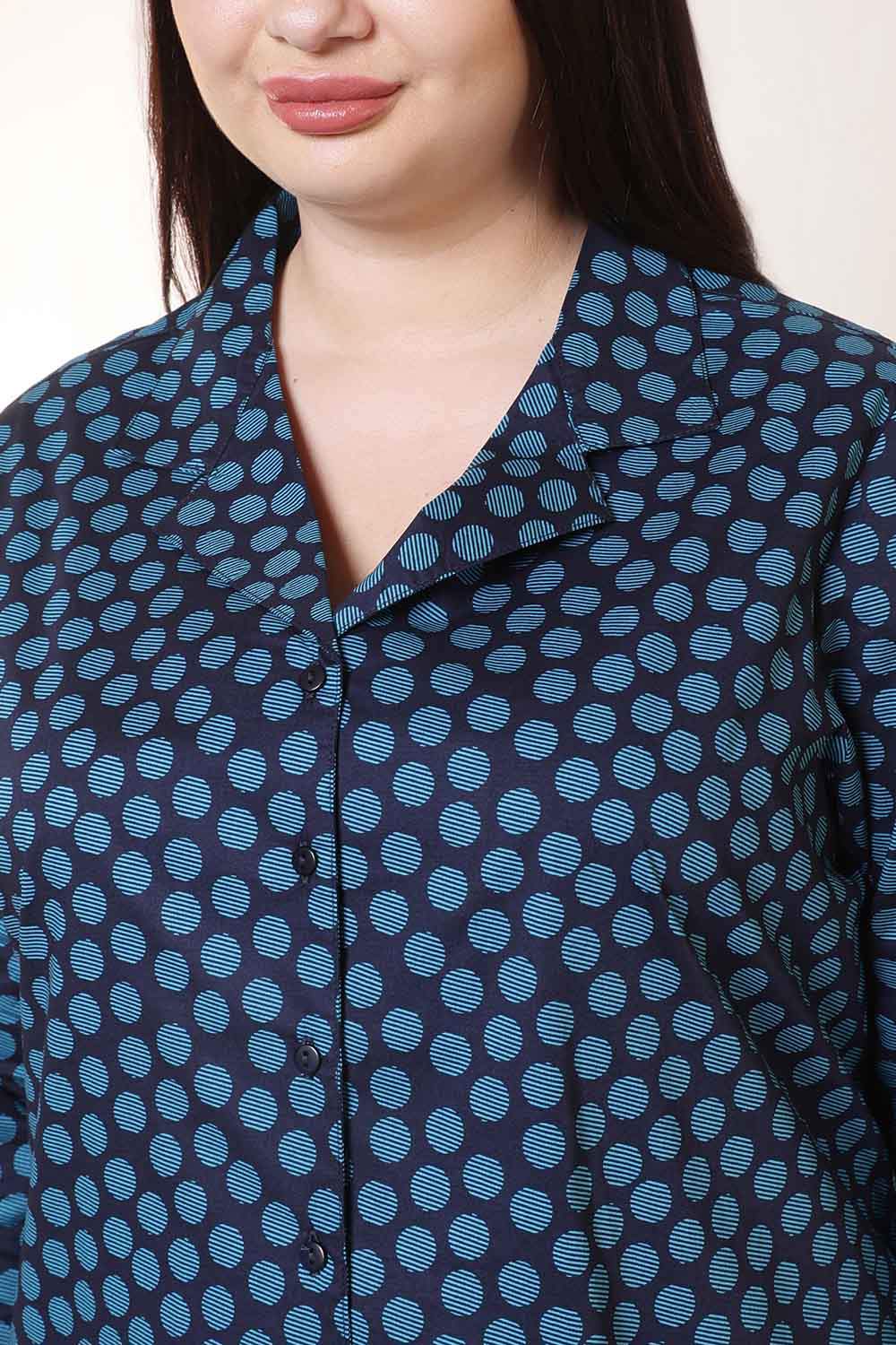 Comfortable Plus Size Navy & Teal Polka Print Cuban Collar Shirt
