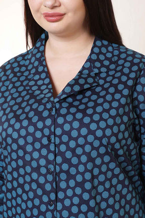 Plus Size Navy & Teal Polka Print Cuban Collar Shirt