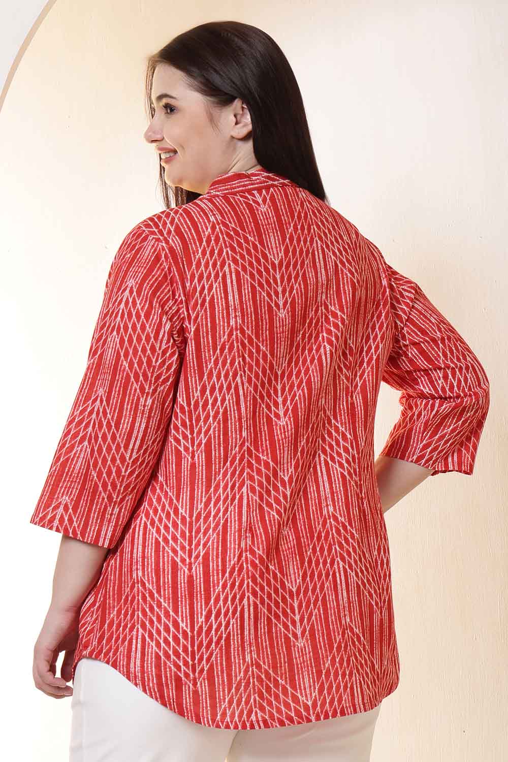 Plus Size Bold Red & White Print Cuban Collar Cotton Shirt