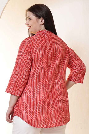 Plus Size Bold Red & White Print Cuban Collar Cotton Shirt