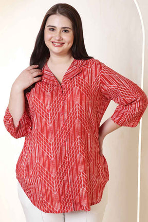 Plus Size Bold Red & White Print Cuban Collar Cotton Shirt