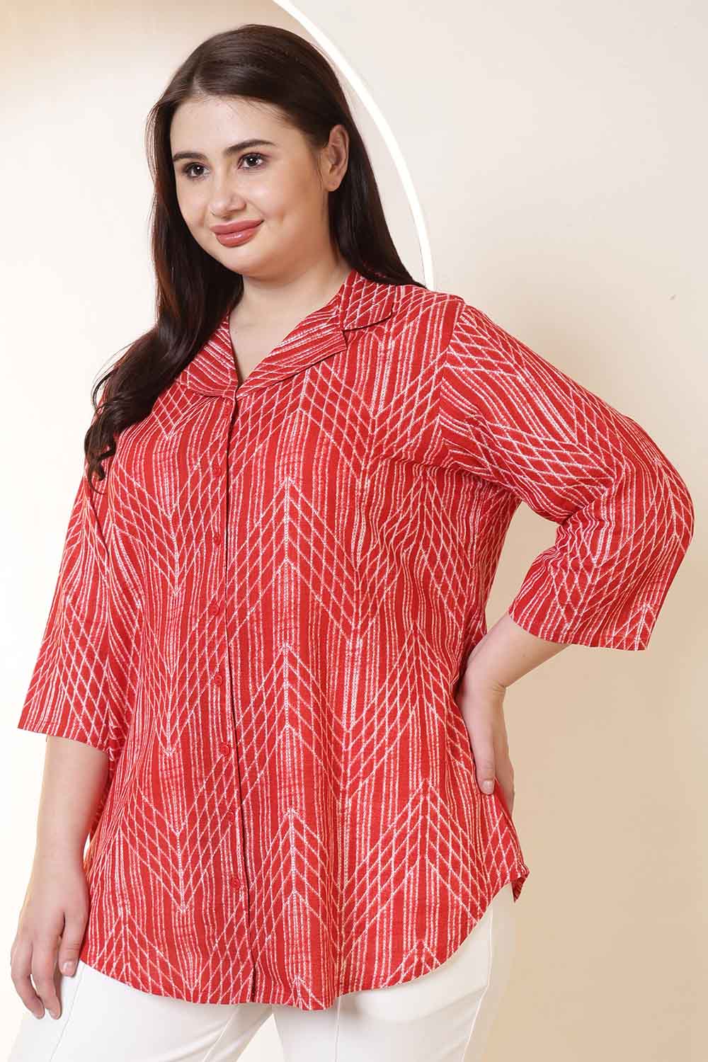 Plus Size Bold Red & White Print Cuban Collar Cotton Shirt for Women