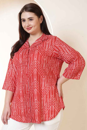 Plus Size Bold Red & White Print Cuban Collar Cotton Shirt