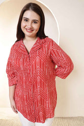 Plus Size Bold Red & White Print Cuban Collar Cotton Shirt