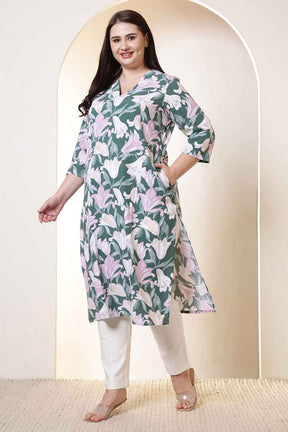 Plus Size Green & Pink Flower Print V Neck Rayon Kurta