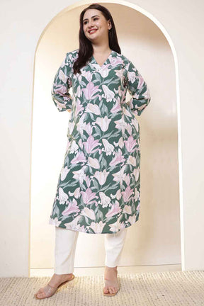 Plus Size Green & Pink Flower Print V Neck Rayon Kurta