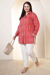 Plus Size Bold Red & White Print High Slit Styled Cuff Cotton Shirt